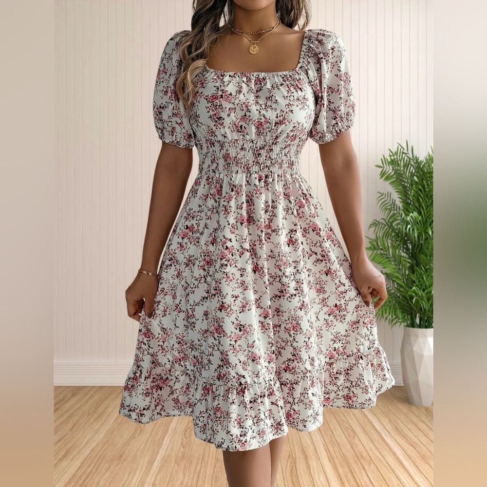 Floral Puff Sleeve Pink and White Midi Dress